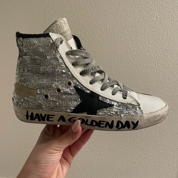 Golden Goose Shoes - Golden Goose Silver Sequin High-Top Sneakers with Black Star